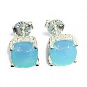Natural Blue Chalcedony Cabochon Stud Earrings 925 Sterling Silver Handmade